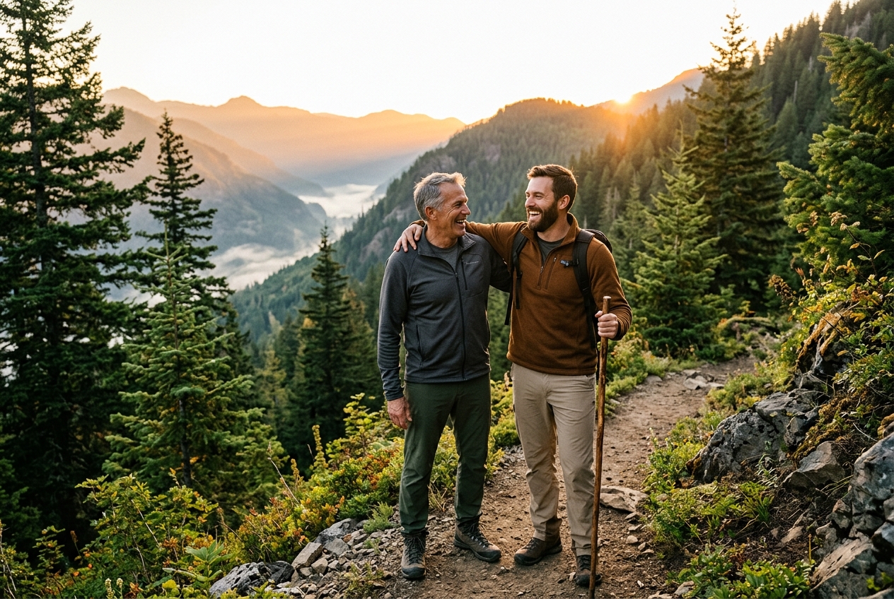 Father and son outdoors at sunrise