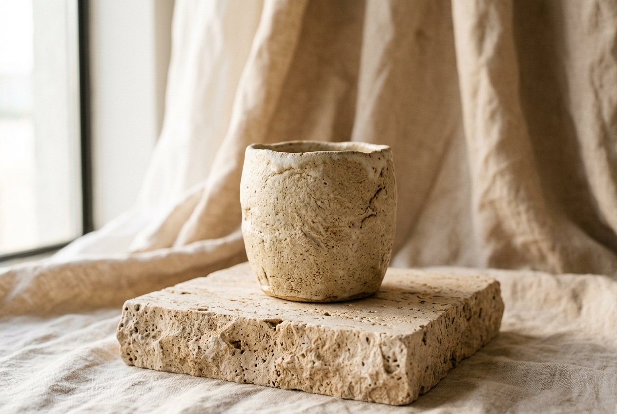 Detail of hand-textured ceramic vessel resting on raw travertine stone