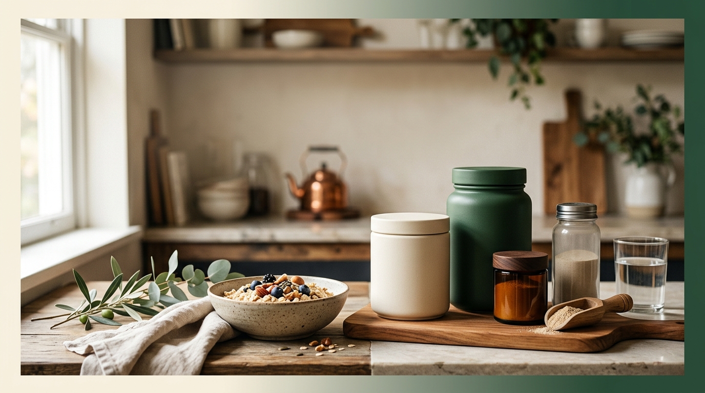 A calm morning nutrition routine with a shaker, water, and simple supplement containers