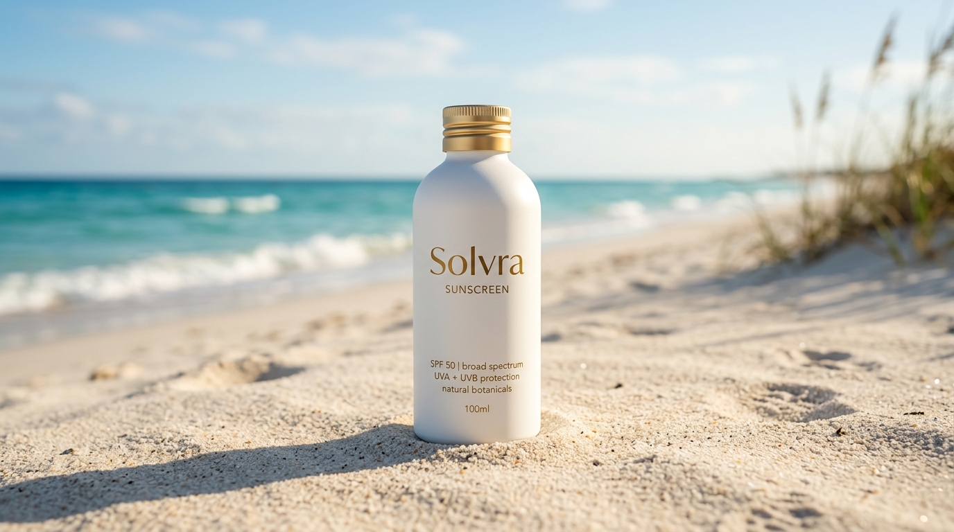 Solvra Sunscreen Bottle on Sun-Drenched Beach