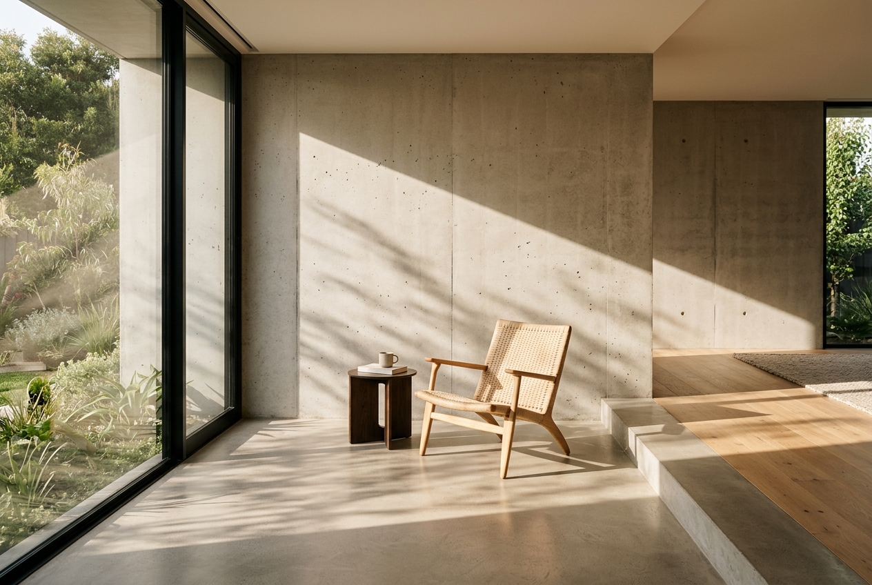 Minimalist sunlit living space with clean concrete and warm wood